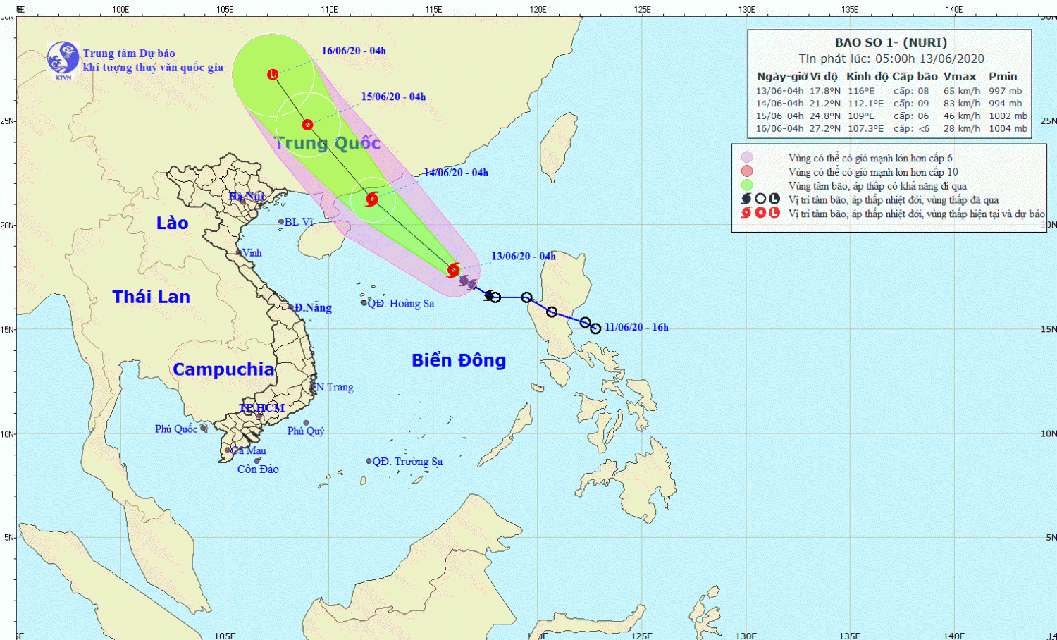 Tin bão trên Biển Đông - cơn bão số 01 (05h00 ngày 13/6)