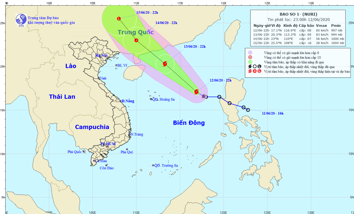 Tin bão trên Biển Đông - cơn bão số 01 (23h00 ngày 12/6)