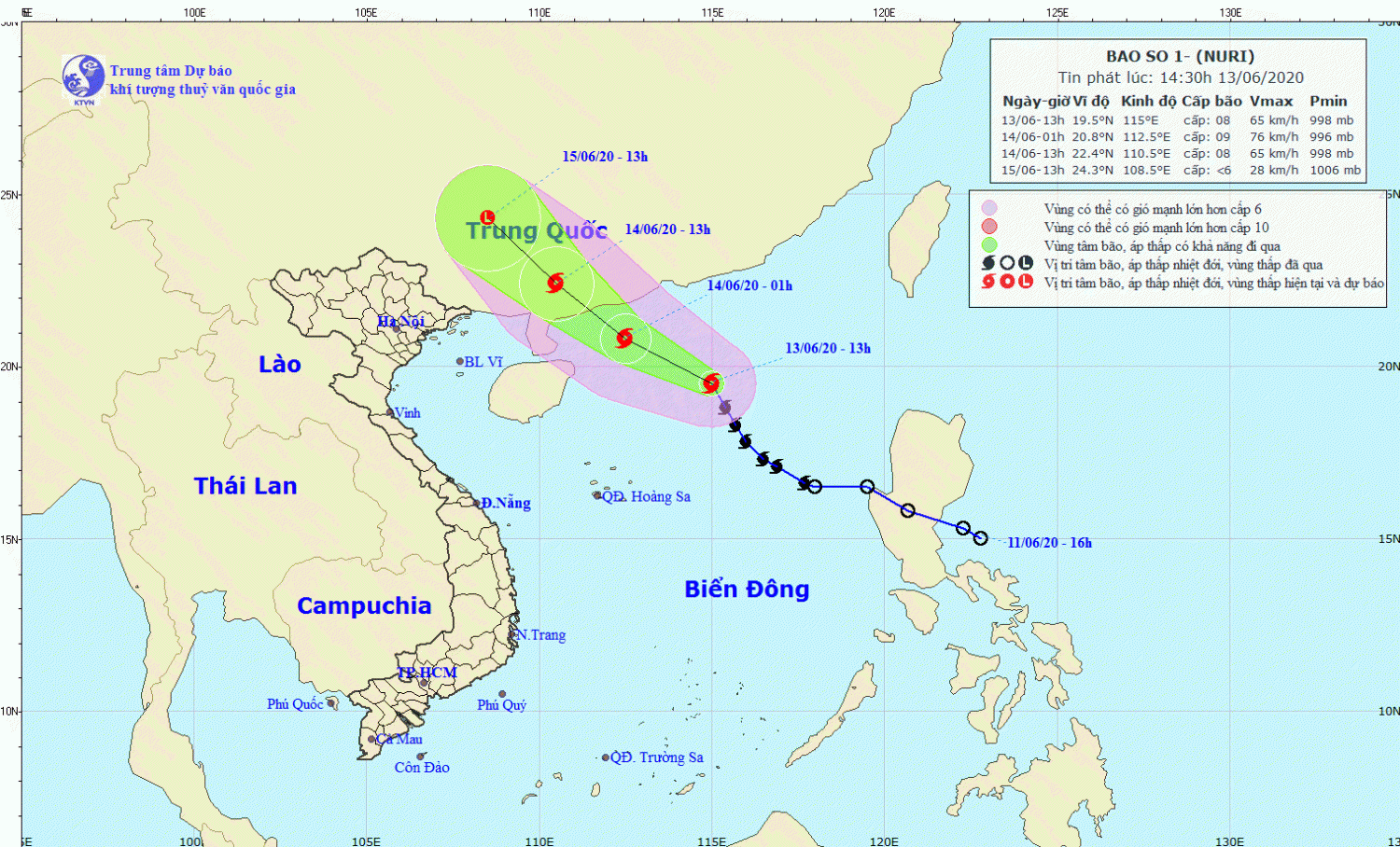 Tin bão trên Biển Đông - cơn bão số 01 (14h30 ngày 13/6)