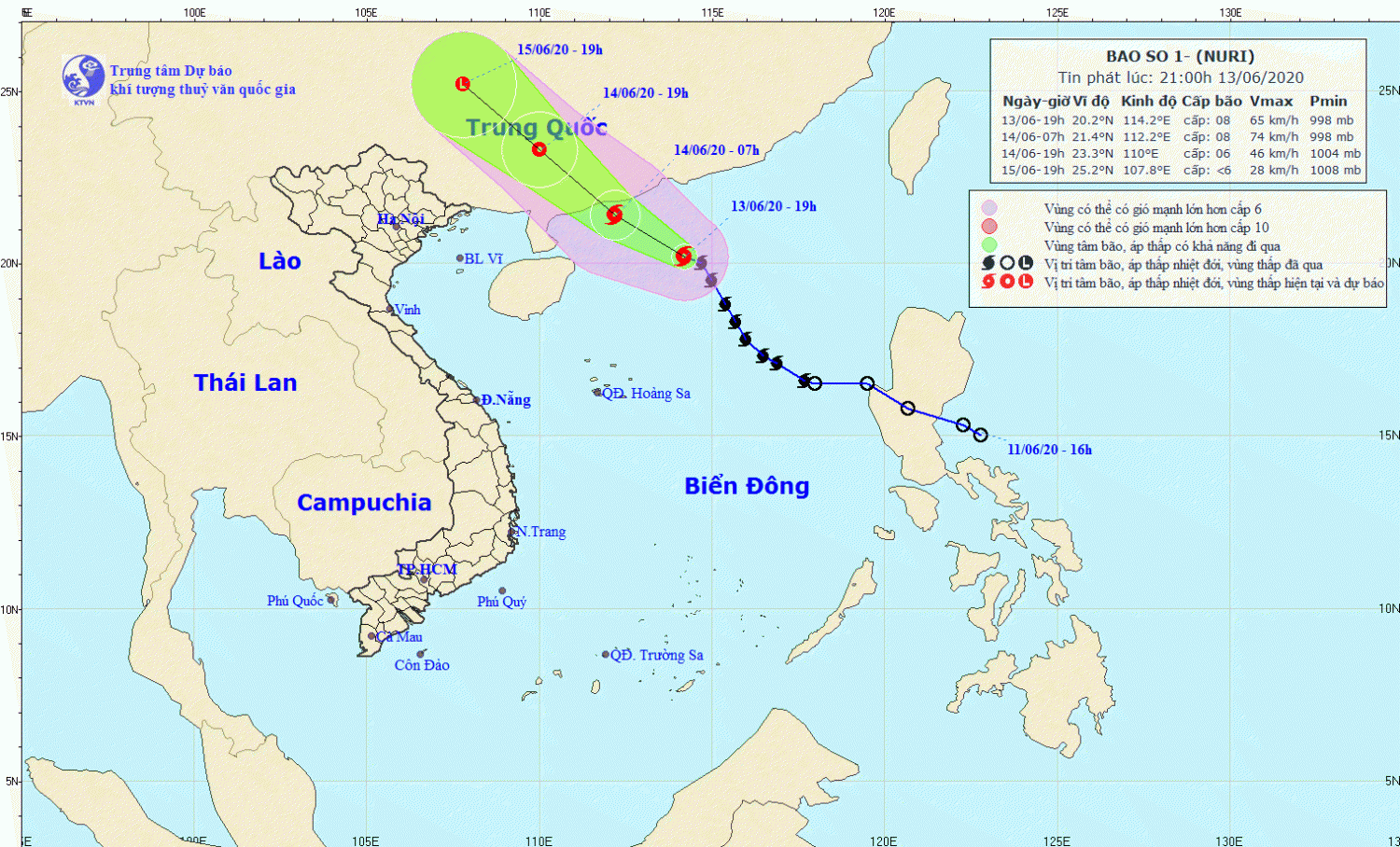 Tin bão trên Biển Đông - cơn bão số 01 (21h00 ngày 13/6)