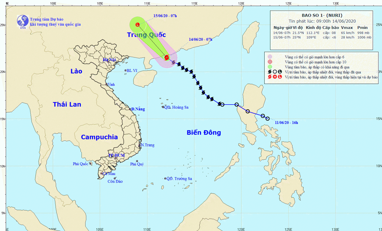 Tin bão trên Biển Đông - cơn bão số 01 (09h30 ngày 14/6)