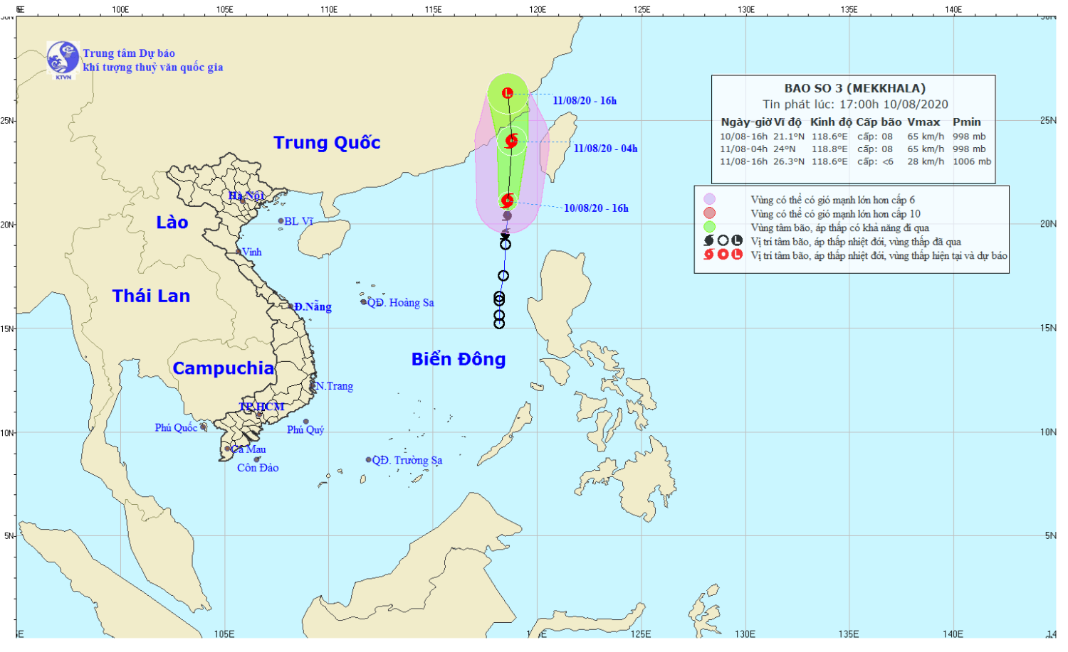Tin bão trên Biển Đông - cơn bão số 03 năm 2020 (17h00 ngày 10/8)