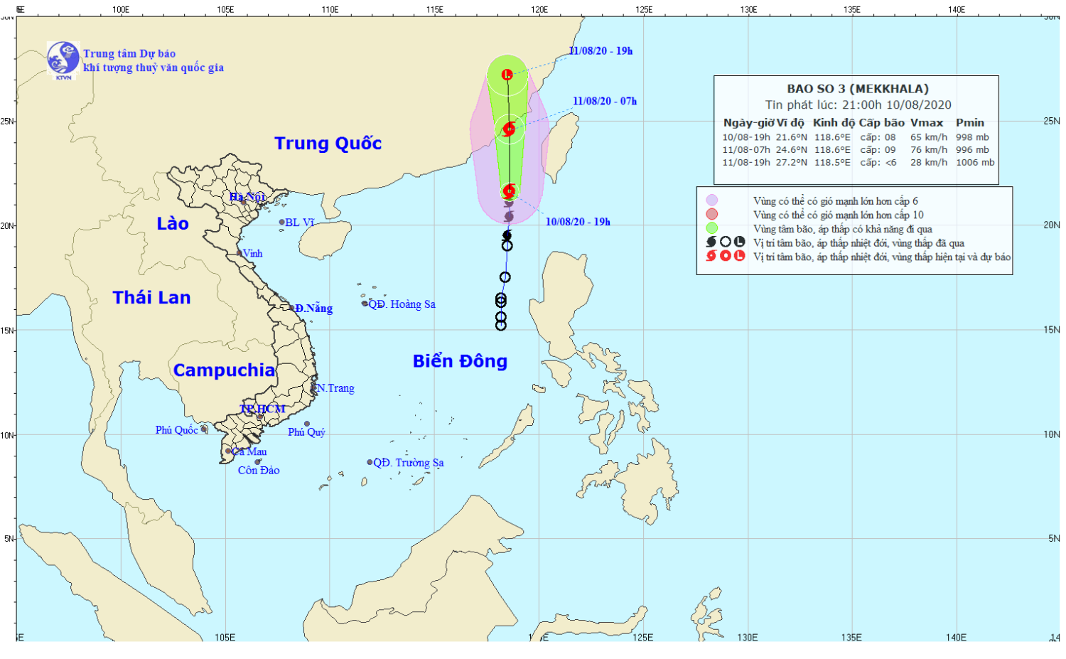 Tin bão trên Biển Đông - cơn bão số 03 năm 2020 (21h00 ngày 10/8)