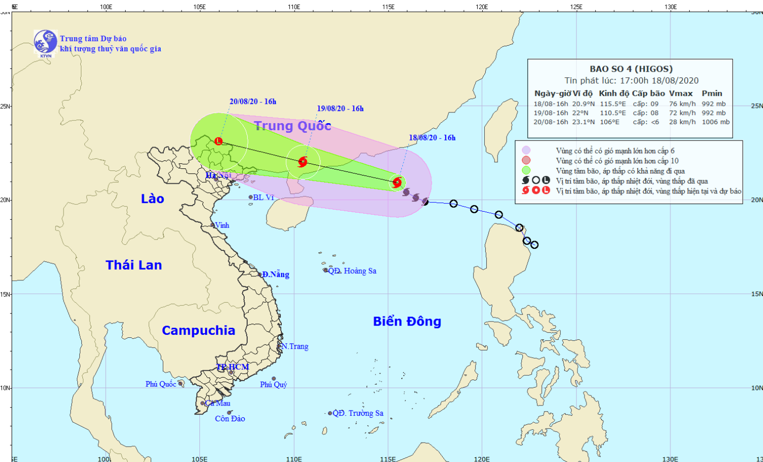 Tin bão trên Biển Đông - cơn bão số 04 năm 2020 (17h00 ngày 18/8)