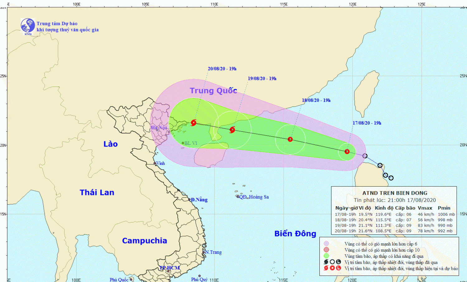Tin áp thấp nhiệt đới trên Biển Đông (21h00 ngày 17/8)