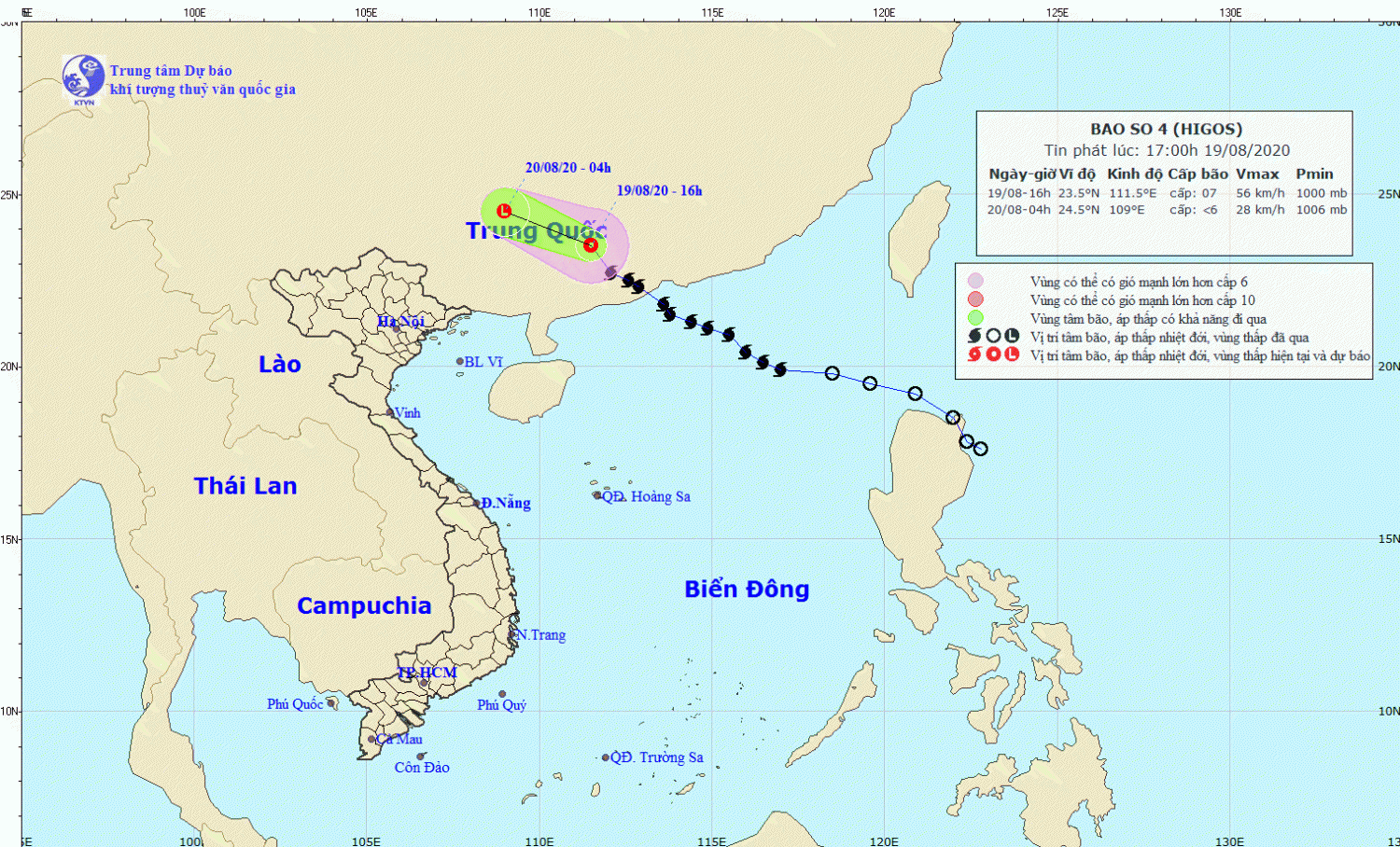 Tin về cơn bão số 04 năm 2020 - bão HIGOS (17h00 ngày 19/8)