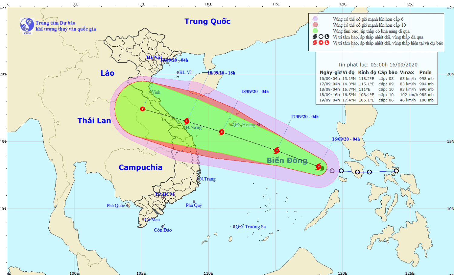 Tin bão trên Biển Đông - cơn bão số 05 năm 2020 (05h00 ngày 16/9)