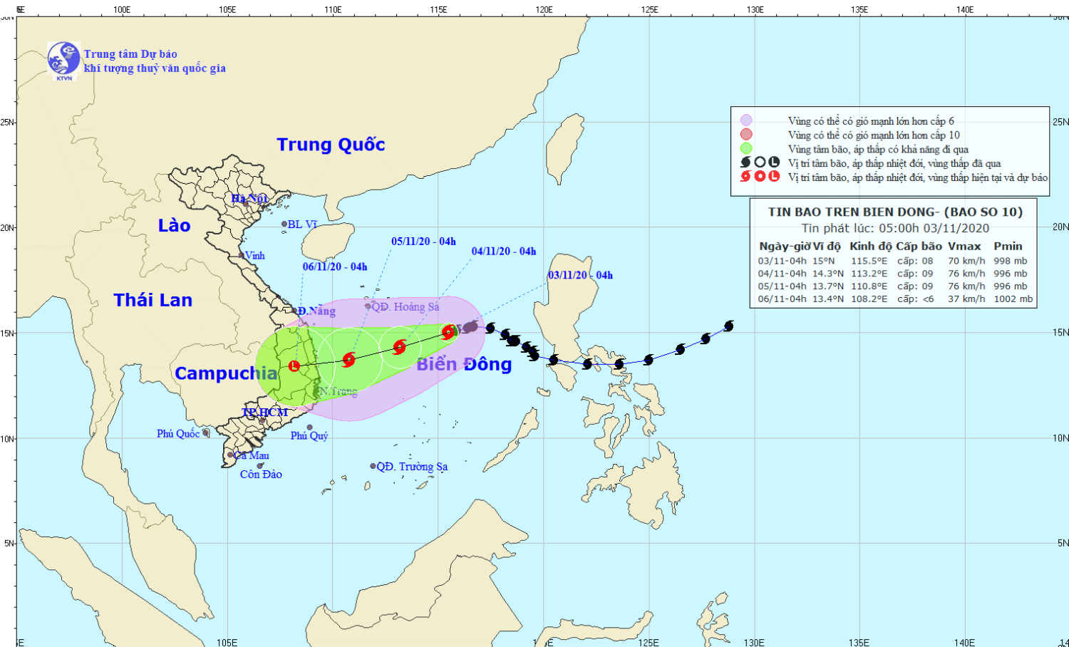 Tin bão trên Biển Đông - cơn bão số 10 (05h00 ngày 03/11)